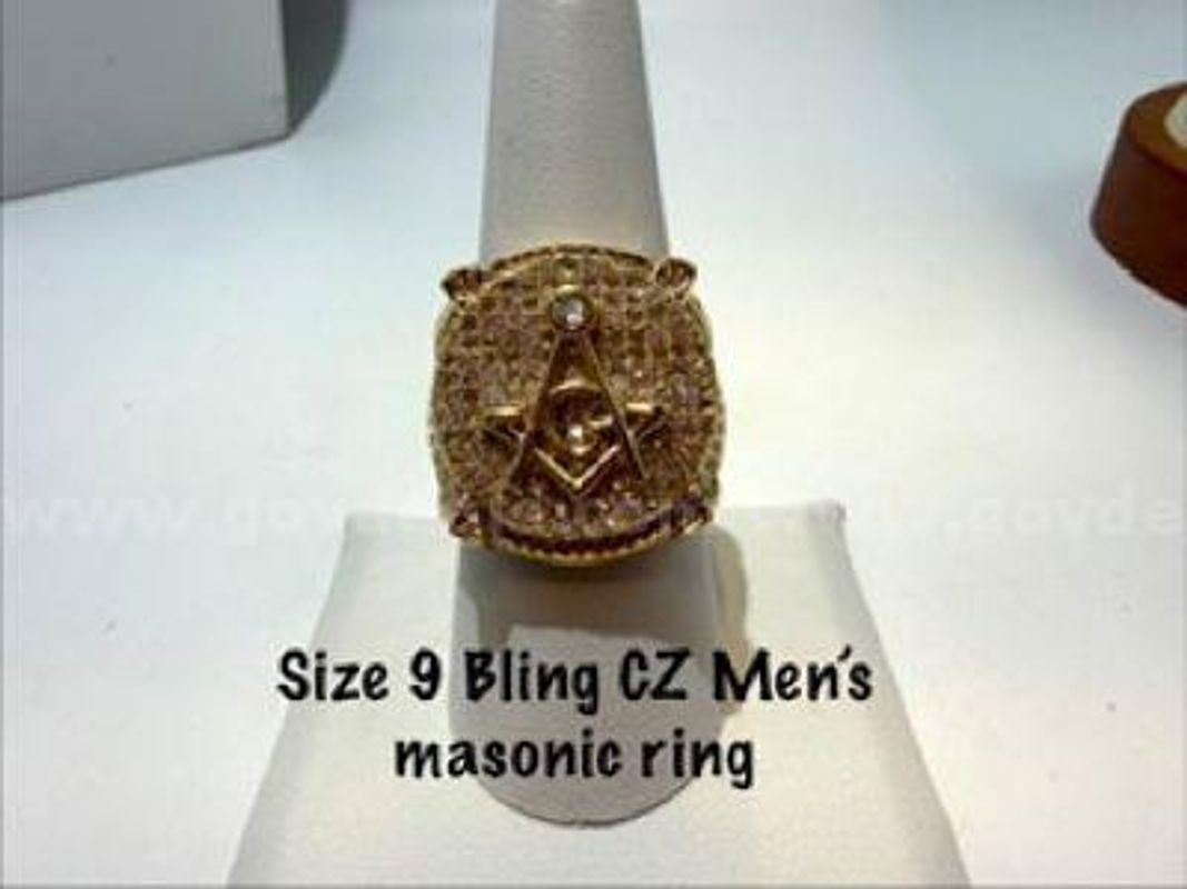 Magnificent, Size 9, 24k Gold Filled, Men's, CZ Diamond Bling Masonic Ring