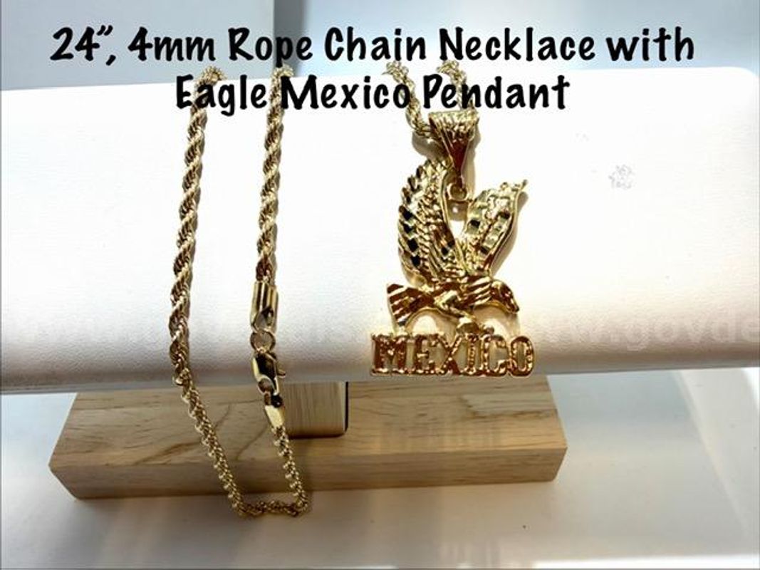 Attractive, 24 inch, 4MM, 24kt Gold Filled, Rope Chain Necklace W/Mexico Eagle Pendant