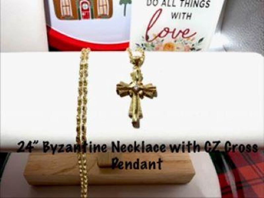 Gorgeous, 24 Inch Byzantine, 24kt Gold Filled Chain Necklace W/CZ Diamond Cross Pendant