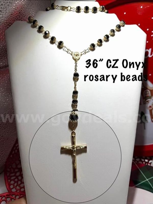 Exquisite, 36 Inch, 24kt Gold Filled, CZ Black Onyx Rosary