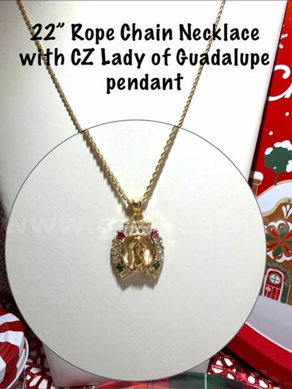 Pretty, 24kt Gold Filled, 2MM Diamond Cut Rope Chain Necklace, 20 Inch, W/CZ Lady Guadalupe Pendant