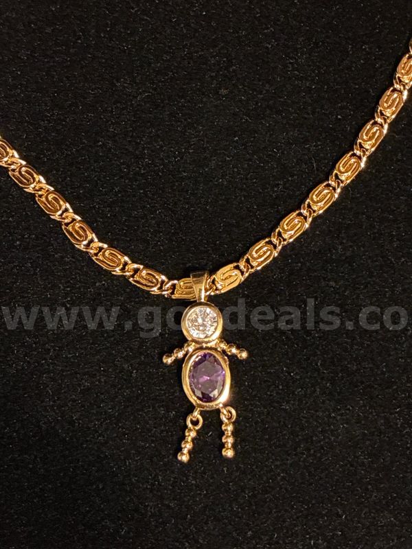 24” Byzantine Chain W/ February Birthstone CZ Little Boy Pendant. 24k Real Gold Filled