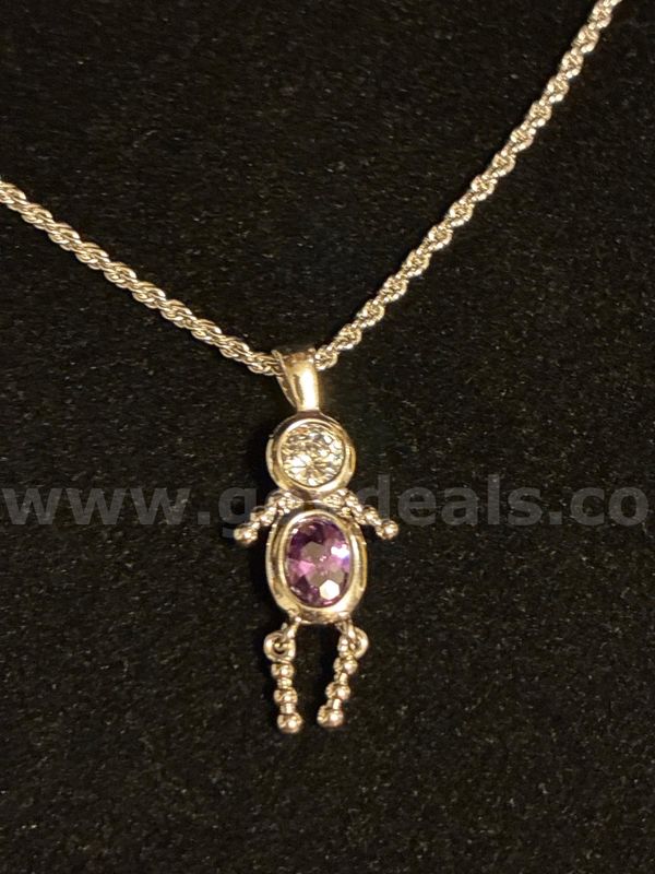 Beautiful, 1mm, (Silver), 16 Inch, Diamond Cut Rope W/ February Birthstone CZ Little Boy Pendant