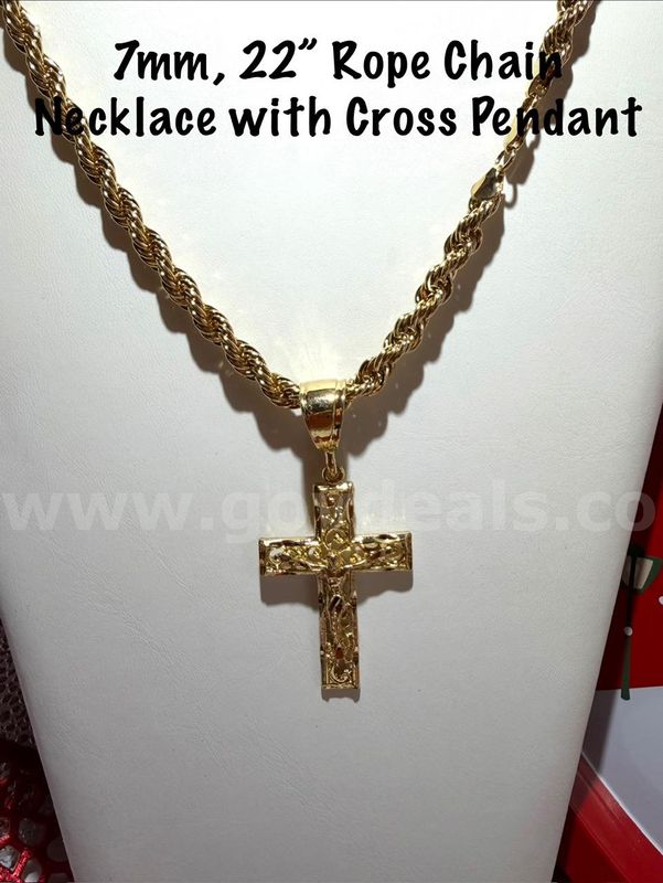 Stunning, 22 Inch, 24kt Gold Filled, 7MM Rope Chain W/Large Cross Pendant
