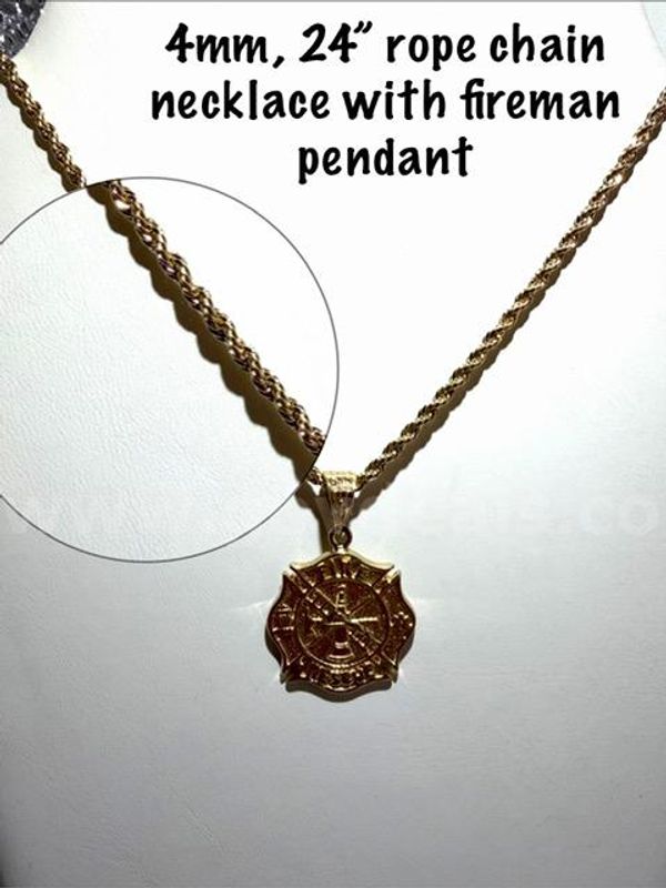 Unique, 4MM, 24 Inch, 24kt Gold Filled Rope Chain Necklace W/Fireman Pendant