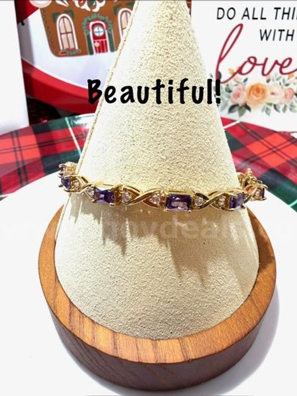 Dazzling, Ladies, 8 Inch, 24kt Gold Filled Cubic Zirconia Diamond/Amethyst Tennis Bracelet
