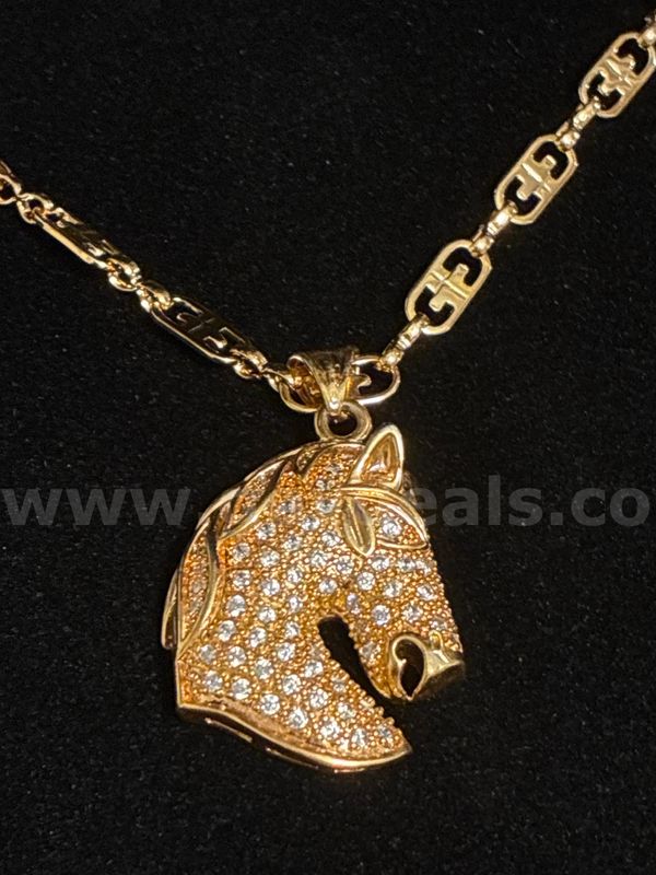 Dazzling, 1 1/2”CZ Horse head Pendant W/ 23" Chain. 24K Real Gold Filled.