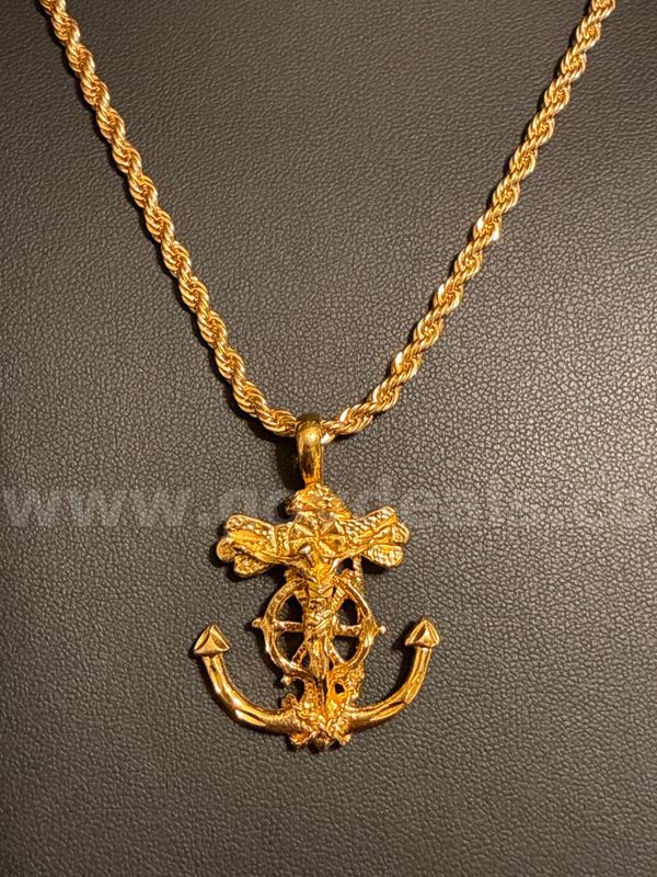 3mm, 20 Inch Classic Rope Chain, W/ Large Jesus Anchor Pendant. 24k Gold Filled
