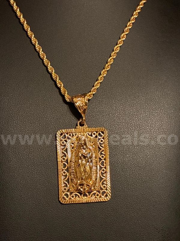 Lavish, 24 Inch, 3.5mm Rope Chain, W/ CZ, Lady of Guadalupe Pendant. 24k Real Gold Filled.