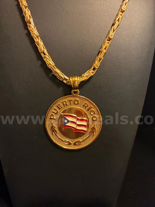 22", Byzantine Chain, W/ Large Puerto Rico Coin Pendant. 24K Real Gold Filled.
