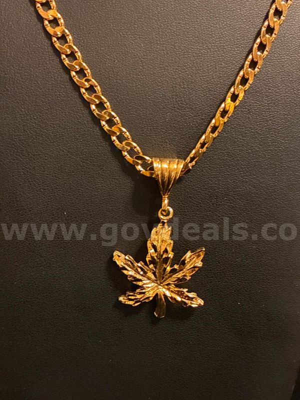 Gorgeous, Diamond-Cut Cannabis Leaf Pendant 18” Necklace 24K Gold Filled.