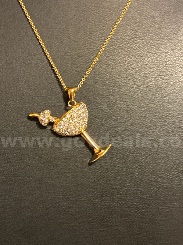 Vacation Ready! 22” Dainty Chain Necklace W/ Diamond CZ Martini Pendant. 24K Real Gold Filled.
