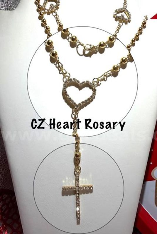 Absolute Gorgeous, 24k Gold Filled, 36 Inch, Cubic Zirconia Diamond Heart Rosary