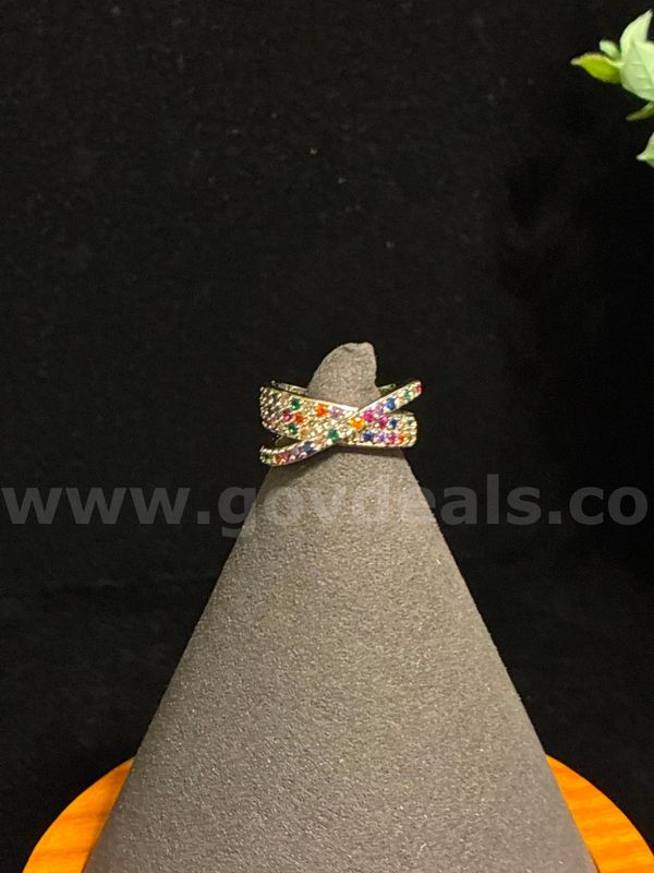 Elegant, Size 5, Rhodium Clad (Silver), Rainbow Pavé Crossover CZ Ring