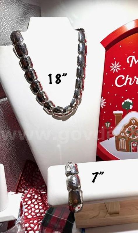Stunning, Rhodium Filled, 2 PC, Hammered Metal Necklace And Bracelet Set