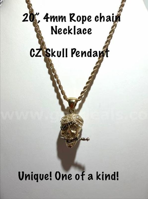 Unique, 24kt Gold Filled, 4MM, 20 Inch Rope Chain Necklace CZ Diamond Skull & Sword Pendant