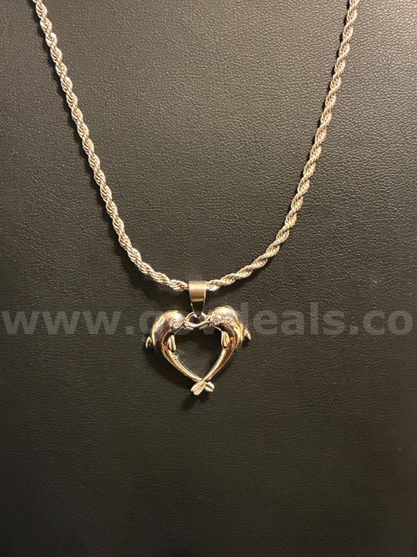 Vacation Vibes, 16”, Rhodium Clad (Silver), 2mm Rope Chain w/ Heart Shaped Dolphins.