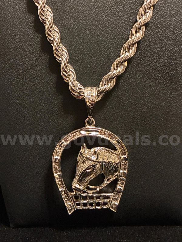 Horse Lovers, 22”, Rhodium Filled (Silver), 5mm Rope Chain w/ Horseshoe & Horse Head Pendant