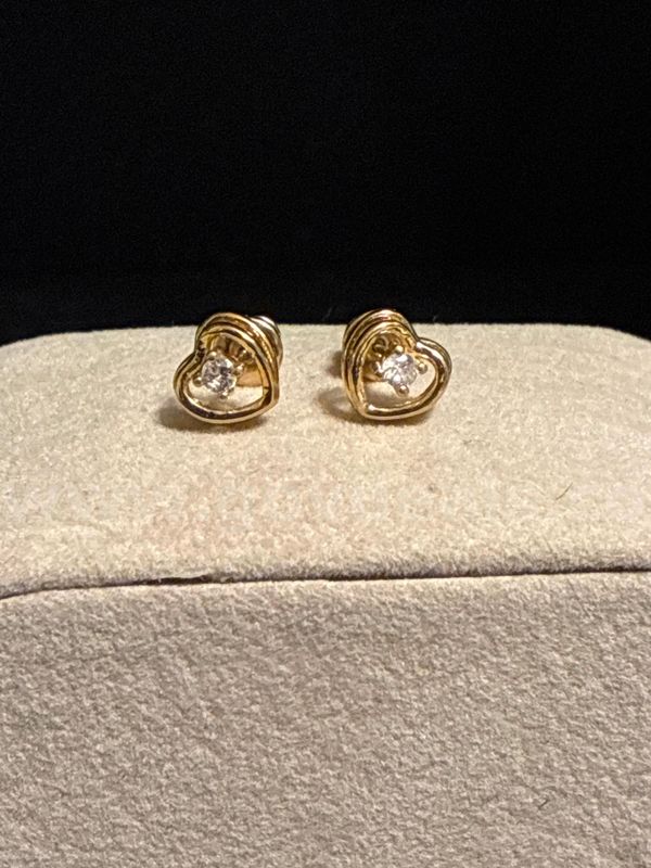 Sweet, Diamond CZ Heart Stud Earrings. 24k Gold Filled.