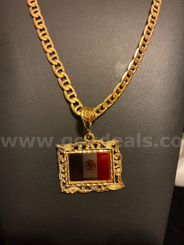 MEXICAN HERITAGE! 24K Gold Filled, Mexico Pride Ornate Flag Pendant W/ 22 Inch Chain.