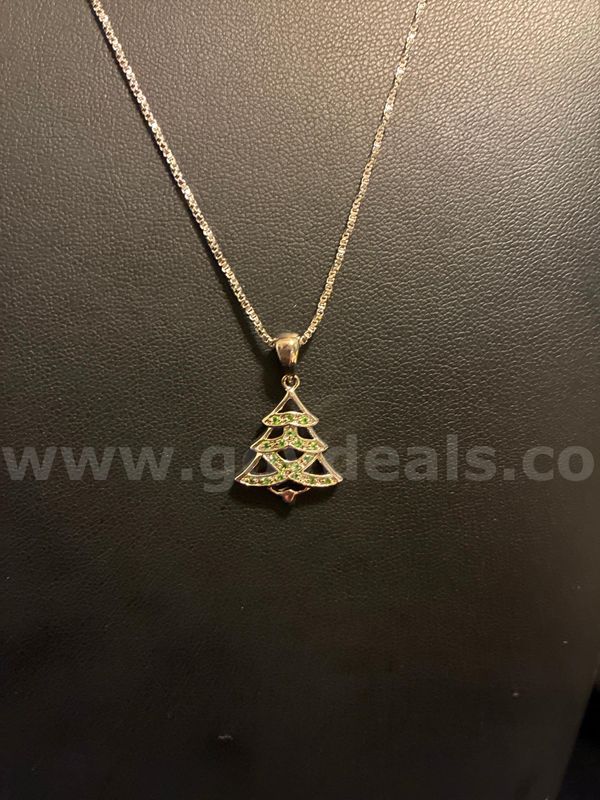 Merry Christmas! Rhodium Filled (Silver), 17 Inch Dainty Necklace W/ Emerald CZ Christmas Tree Pendant.