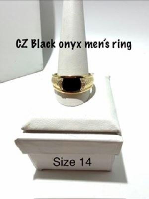 Gorgeous, Men's Size 14, 24kt Gold Filled, CZ Black Onyx Ring W/Accents