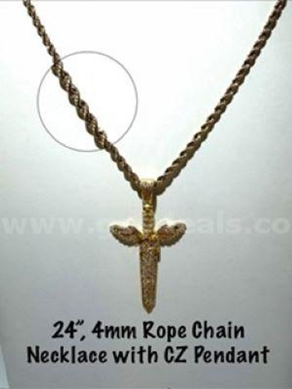 Unique, 24kt Gold Filled, CZ Diamond Sword/Eagle Pendant W/4MM, 24 Inch Rope Chain