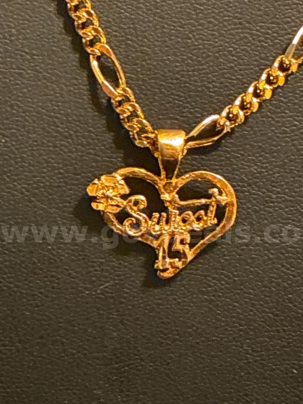 Birthday Girl! 16” Small Figaro Chain Necklace W/ Heart/Flower Sweet 15 Pendant, 24K Real Gold Filled.