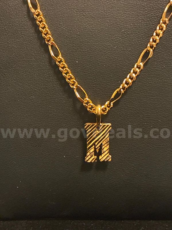 Beautiful, 24”, Small Figaro Chain Necklace W/ Initial Pendant, Letter “M”, Real 24K Gold Filled.