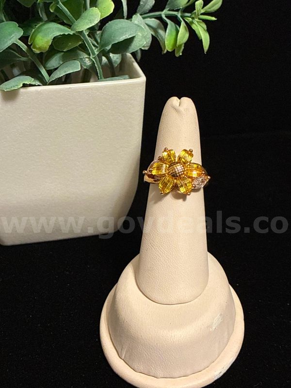 Brilliant, Size 6.5, Ladies, Yellow Diamond CZ Sunflower Ring, 24K Gold Filled.
