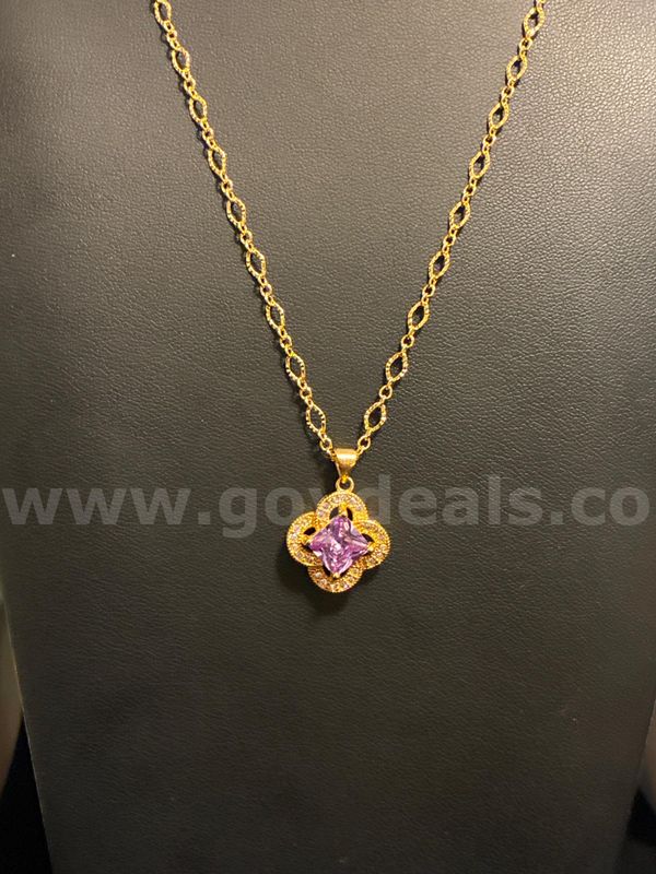Dazzling, 18 Inch, Small Link Necklace W/ Purple Diamond CZ Pendant. 24k Real Gold Filled.