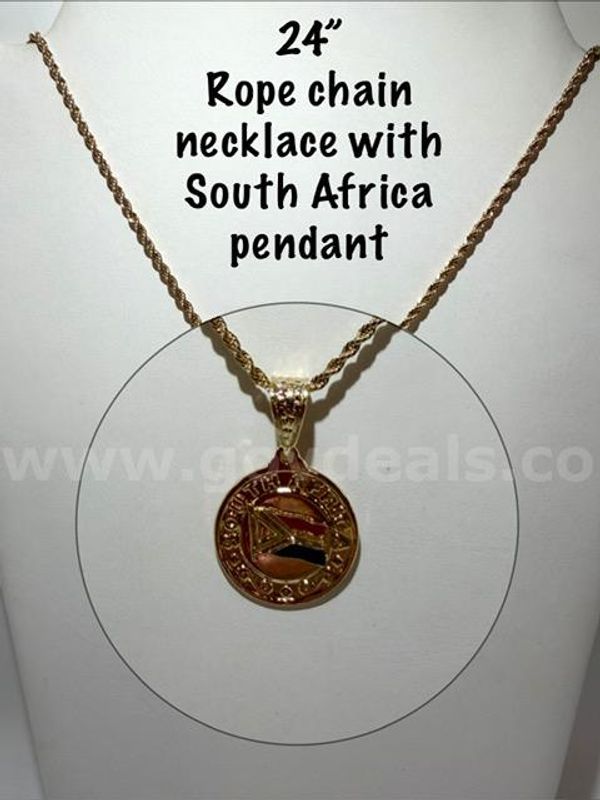 Magnificient, 24kt Gold Filled, South African Medallion W/ 2MM, 24 Inch Rope Chain Necklace