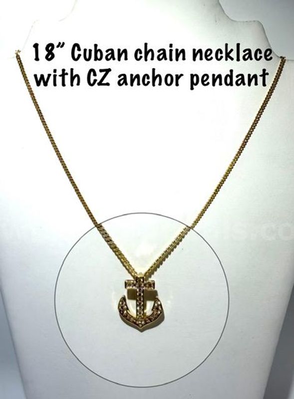Dazzling, CZ Diamond, 24kt Gold Filled, Anchor Pendant, W/18 Inch Cuban Link Chain Necklace