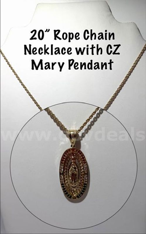 Stunning, 20 Inch, 24kt Gold Filled, 1MM Rope Chain Necklace W/CZ Diamond Mother of Mary Pendant