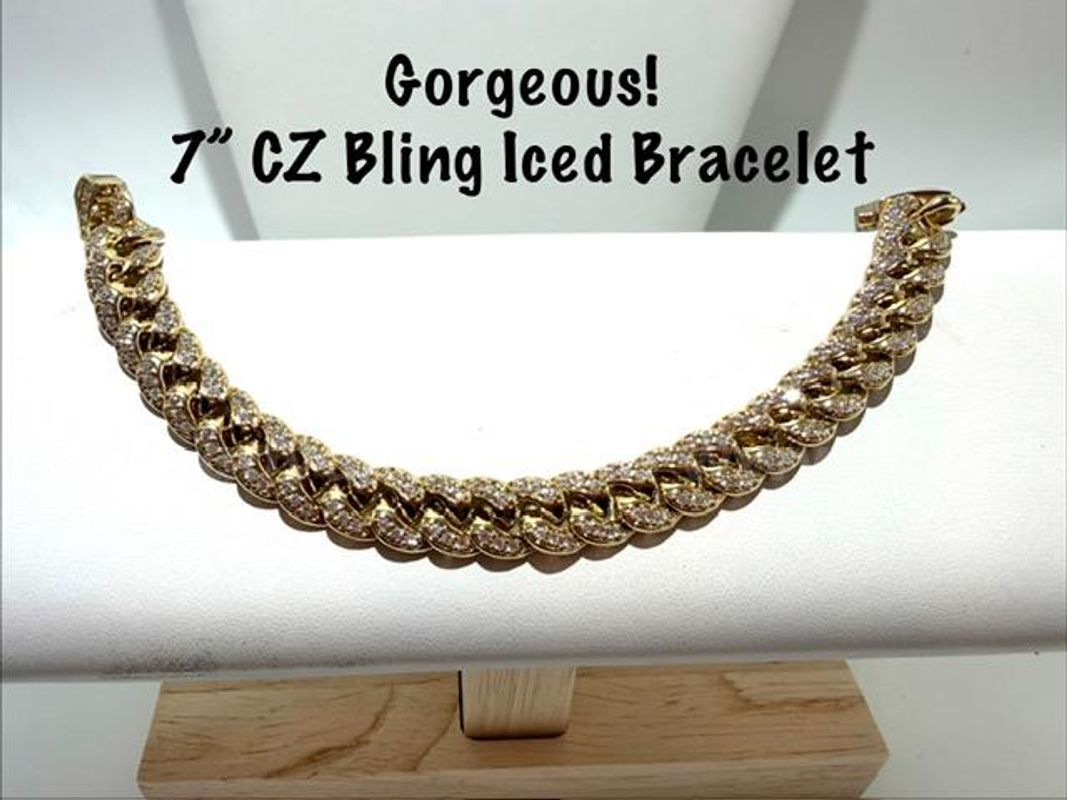 Dazzling, 24kt Gold Filled, 7 Inch, CZ Diamond Bling Bling Iced Cuban Link Bracelet