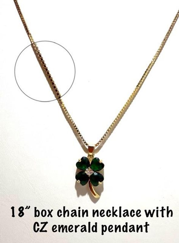 Elegant, 24kt Gold Filled, 18 Inch, Box Chain Necklace W/CZ Emerald Pendant