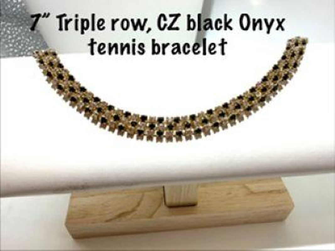 Brilliant, 24kt Gold Filled, 7 Inch, Triple Row, CZ Black Onyx Tennis Bracelet