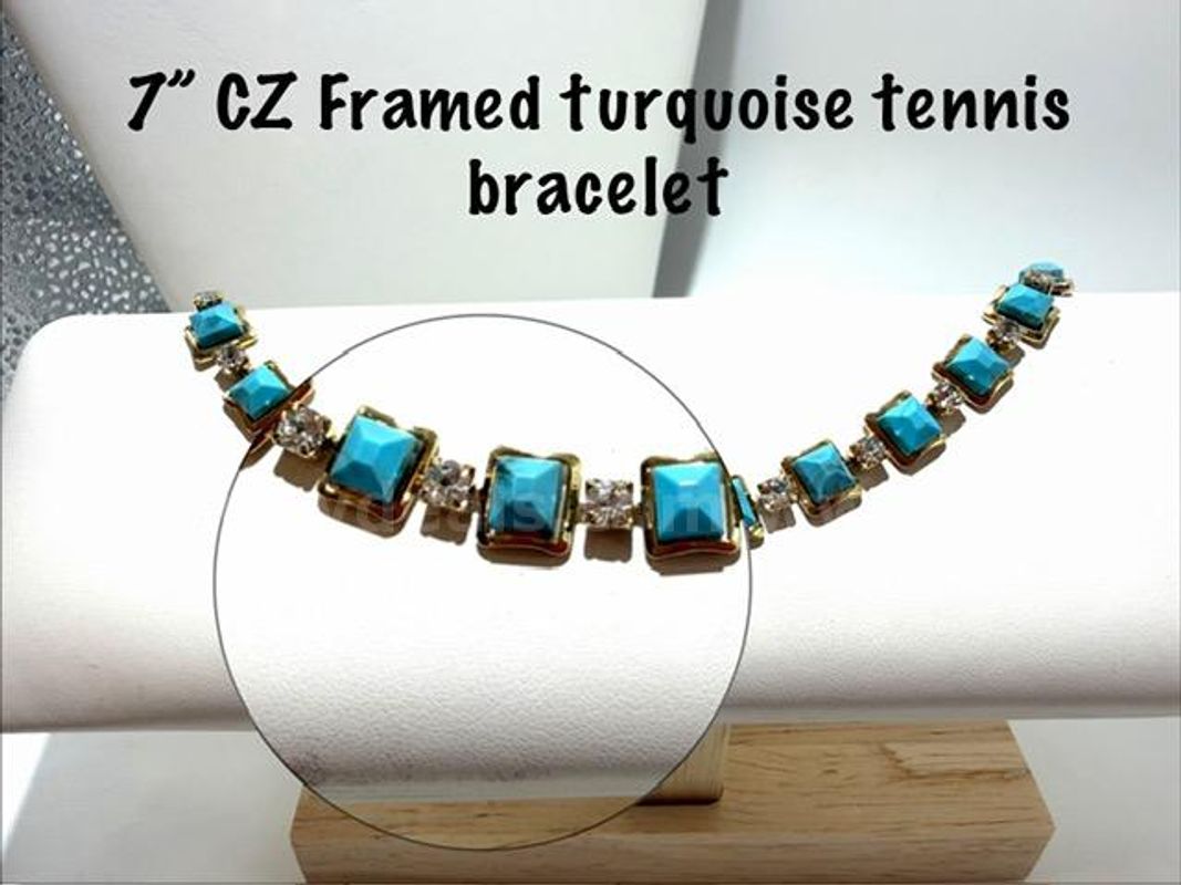 Lovely, 7 Inch, 24kt Gold Filled, Framed CZ Turquoise Tennis Bracelet