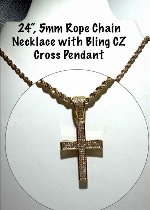 Gorgeous, 24kt Gold Filled, 5MM, 24 Inch Rope Necklace W/CZ Diamond Bling Bling Cross Pendant
