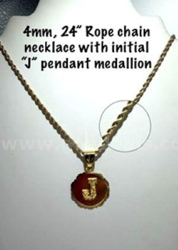 Magnificient, 4MM, 24 Inch, 24kt Gold Filled, Rope Chain W/Initial "J" Medallion