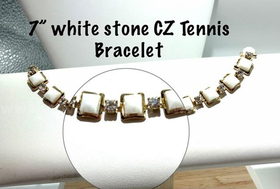 Beautiful, 24kt Gold Filled, 7” Framed White CZ Stone Tennis Bracelet