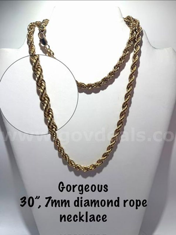 Stunning, 24kt Gold Filled, 30 Inch, 7MM Diamond Cut Rope Chain Necklace