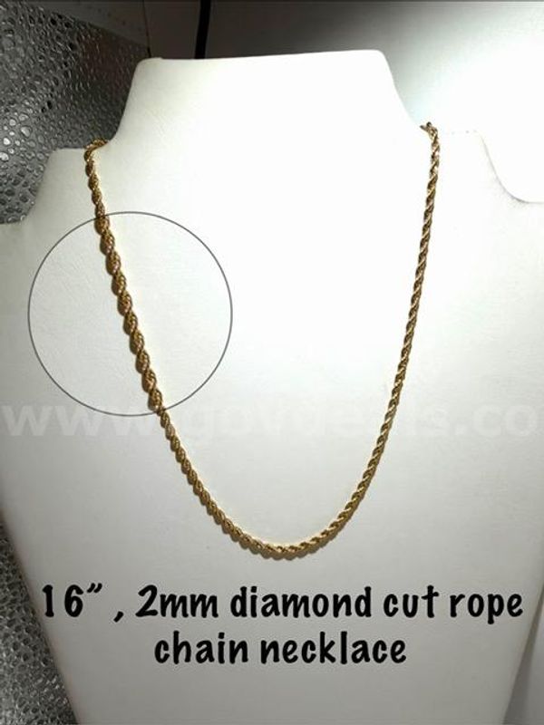 Elegant, 24kt Gold Filled, 16 Inch, 2MM Diamond Cut Rope Chain Necklace