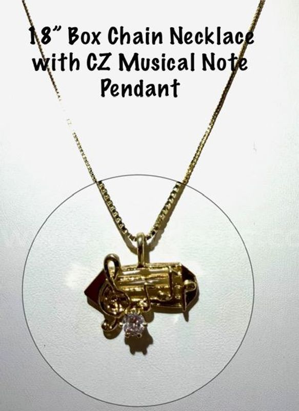 Beautiful, 24kt Gold Filled, CZ Diamond Musical Note Pendant, W/18 Inch Box Chain Necklace