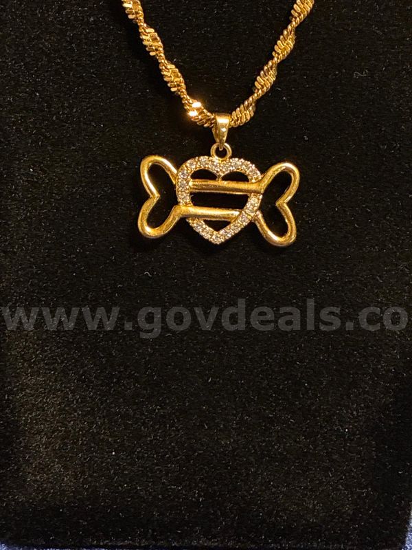 Dog Lover, 24” Whisper Necklace W/ Diamond CZ Heart Bone, 24K Real Gold Filled.