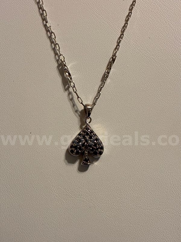 Casino Ready! 24” Dainty Rolo Link Necklace W/ Onyx CZ Spades Pendant, 24K Real Gold Filled.
