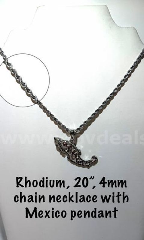Dazzling, Rhodium Filled, 20 inch, 4MM Diamond Cut Rope Chain Necklace W/Mexico Pendant