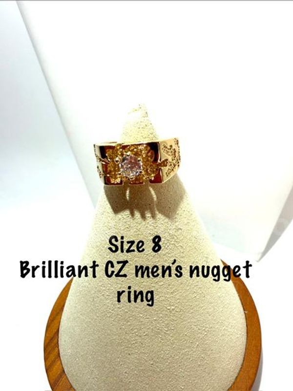 Beautiful, Men's, Size 8, 24k Gold Filled, Brilliant CZ Diamond Solitaire Nugget Ring