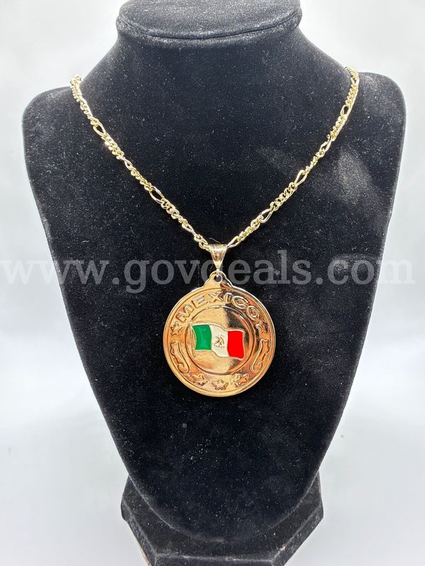 22” Chunky Figaro Necklace w/ MEXICO Pendant. 24K Real Gold Filled
