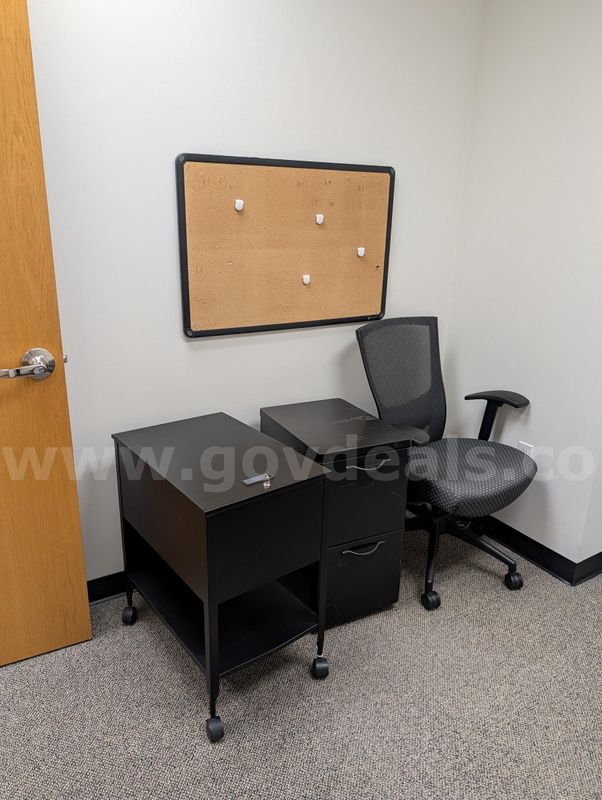 Black Mobile Pedestals/Carts, Mesh Task Chair, Cork Bulletin Board & Artwork